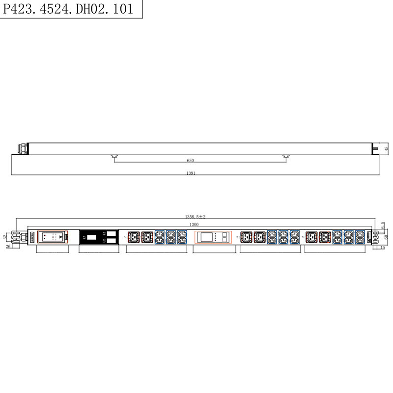 24 ช่อง 3 เฟส IEC C13 & C19 ล็อคซ็อกเก็ต 1.5U Liquid Magnetic Circuit Breaker แนวตั้ง Hot swappable RS485 เมตรRack PDU