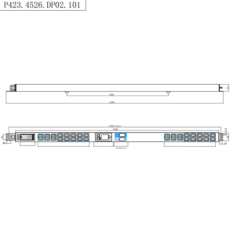 TCP/IP ชั้นวางอัจฉริยะ PDU 26 ช่อง IEC C13 /C19 1.5U เบรกเกอร์แม่เหล็กเหลวแนวตั้ง