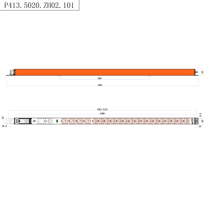 20 ช่อง IEC C13 IEC C19 ล็อคซ็อกเก็ต 1U Hot swappable ตัวบ่งชี้แนวตั้ง RS485 Metered Rack PDU