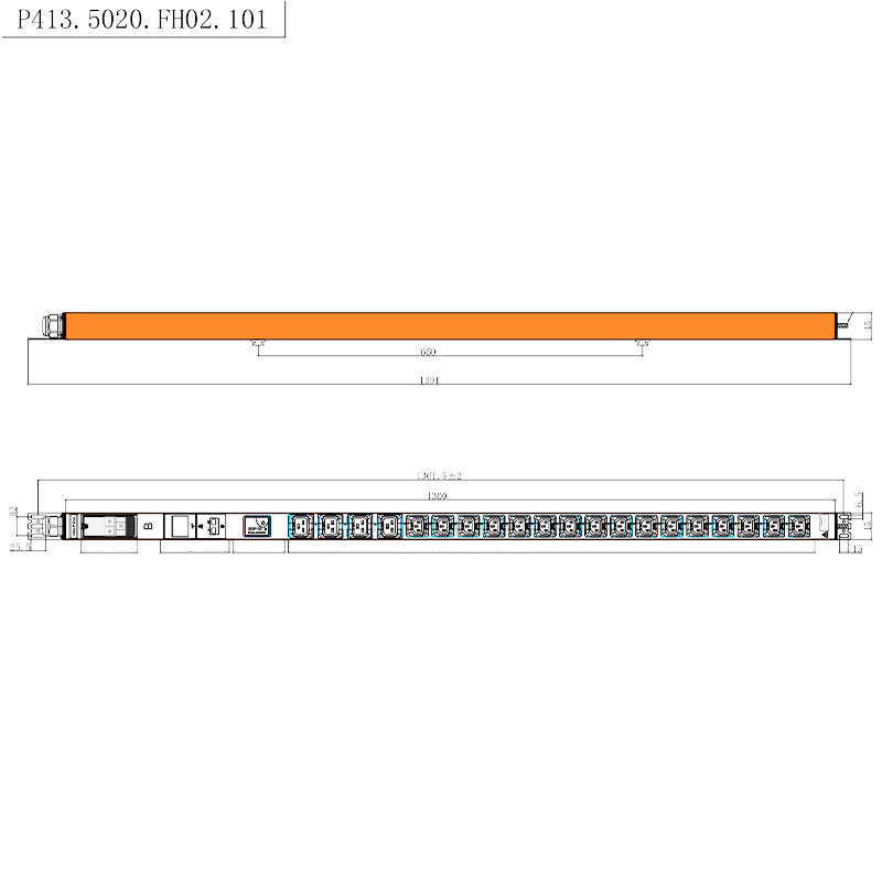 20 ช่อง IEC C13 IEC C19 ซ็อกเก็ตที่ล็อคได้ 1.5U การป้องกันไฟกระชากแบบถอดเปลี่ยนได้แนวตั้ง RS485 เมตรตู้แร็คจ่ายไฟ